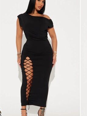 Fashion Nova Black One-Shoulder Lace-Up Midi Dress